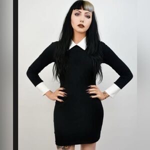 Black Long Sleeve Dress with White collar/cuffs Wednesday Adams look